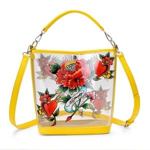 Ed Hardy Yellow Floral with Hearts Transparent Tote Or Crossbody Bag